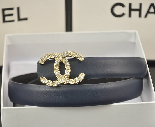 Chanel Leather Belt "Navy Blue-Gold"