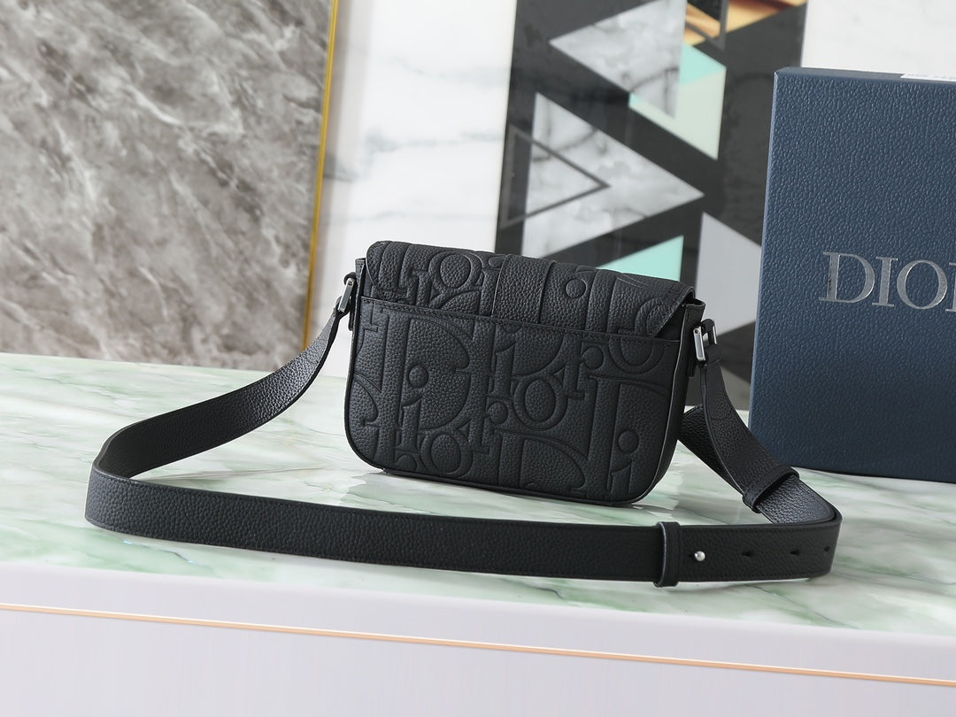 Dior Mini Saddle Heritage Messenger Bag with Flap "Black Dior Gravity Grained Leather"