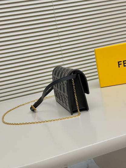 Fendi Tube Wallet On Chain "Black Nappa Leather Wallet with FF Motif"