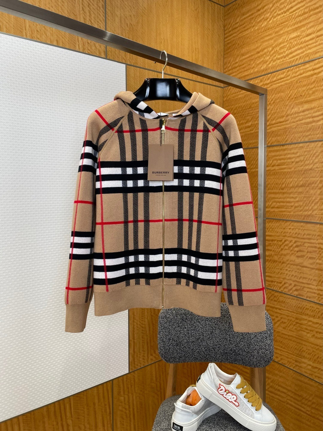 Burberry Ferryton Plaid Cotton Check Zip Hoodie "Sand Beige"
