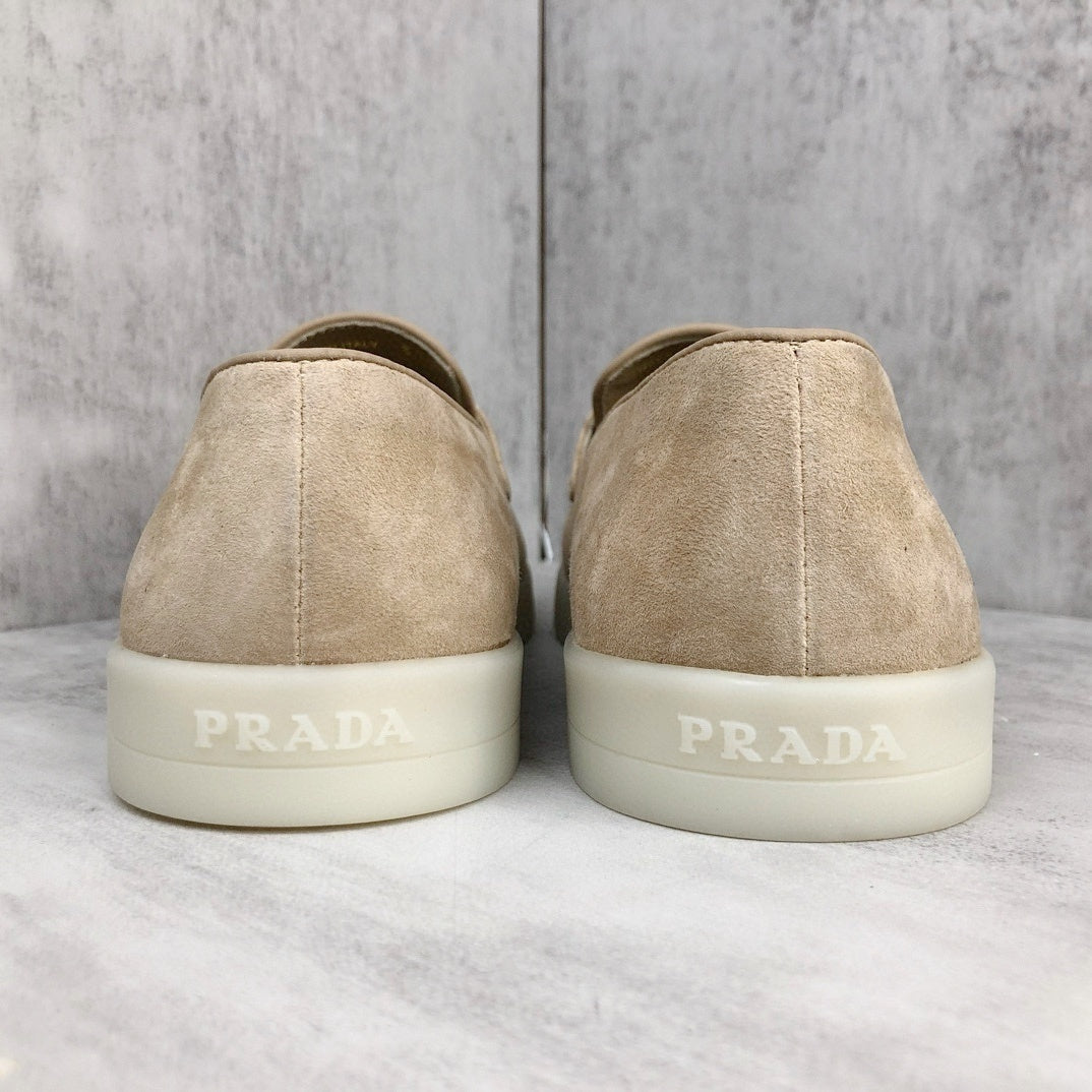 Prada Logo-Plaque Suede Loafers "Beige"