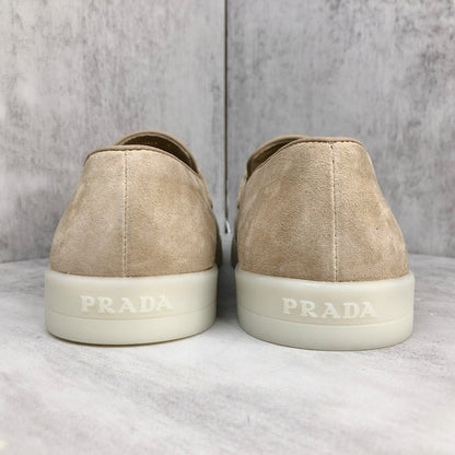Prada Logo-Plaque Suede Loafers "Beige"