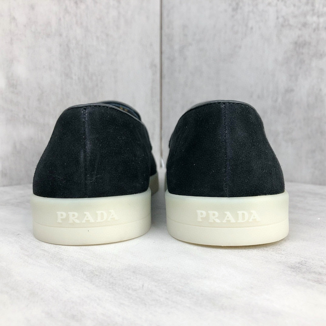Prada Logo-Plaque Suede Loafers "Black"