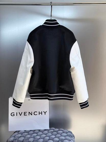 Givenchy Wool Blend and Leather Bomber Jacket "Black-White"
