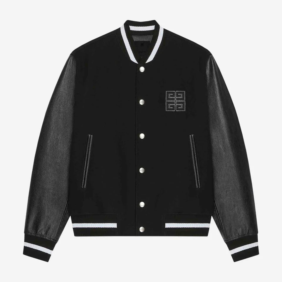 Givenchy 4G Motif Brushed Wool Blend and Leather Varsity Jacket "Black"