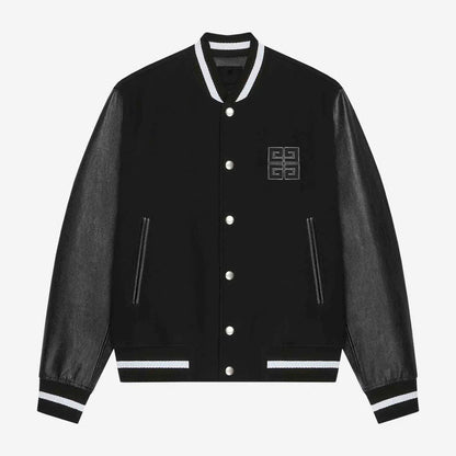 Givenchy 4G Motif Brushed Wool Blend and Leather Varsity Jacket "Black"