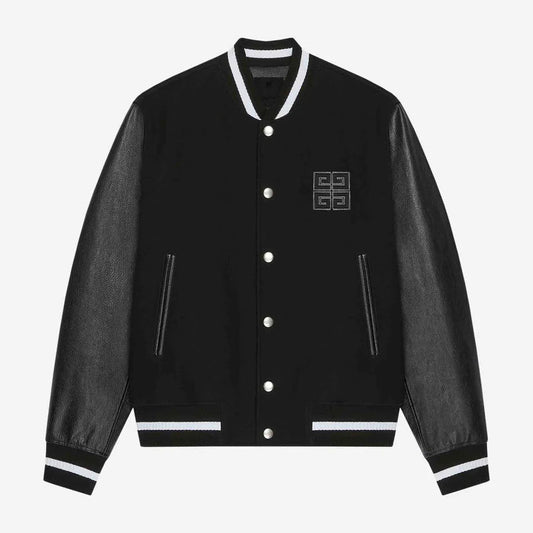 Givenchy 4G Motif Brushed Wool Blend and Leather Varsity Jacket "Black"