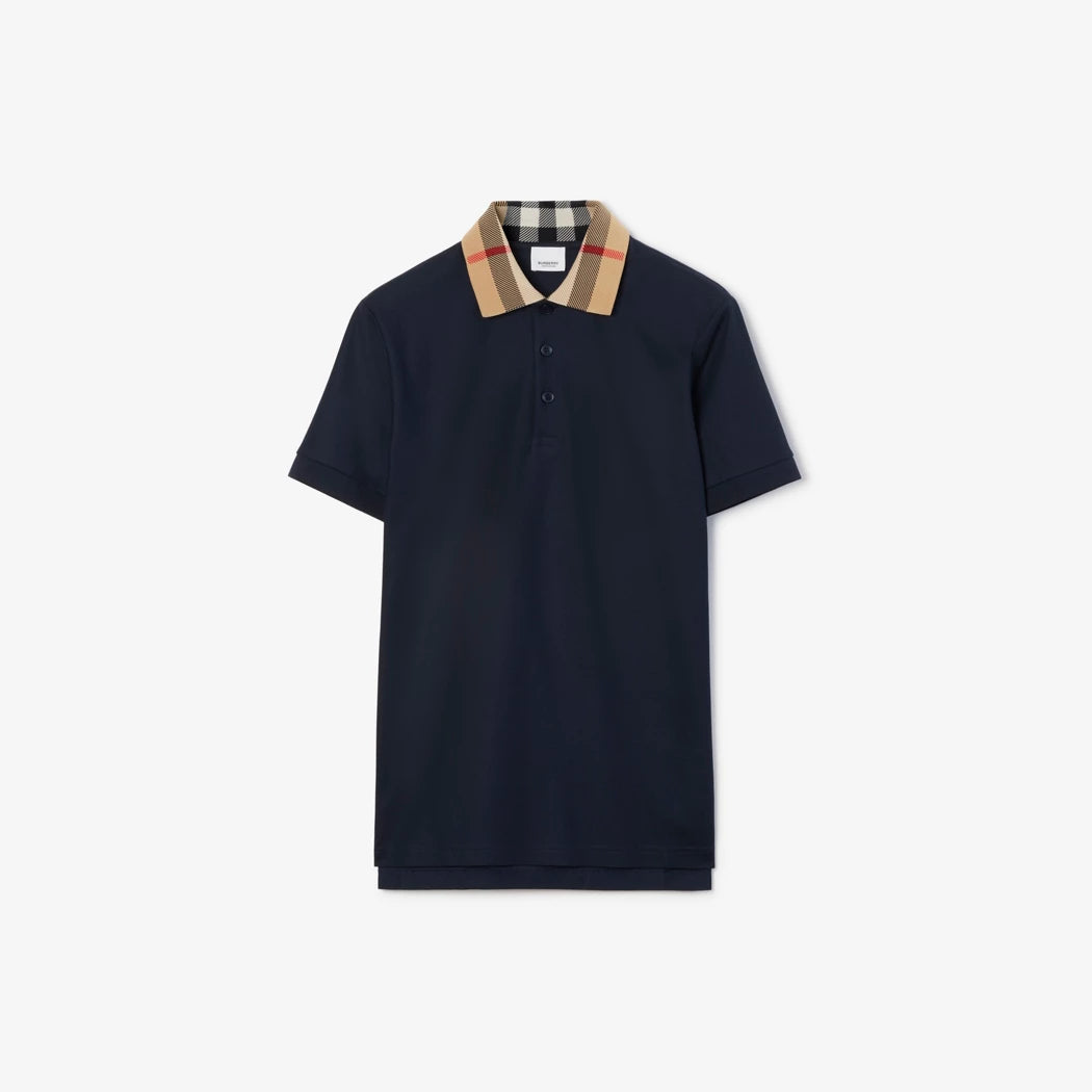 Burberry Check Collar Cotton Polo Shirt "Smoked Navy"