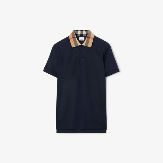 Burberry Check Collar Cotton Polo Shirt "Smoked Navy"