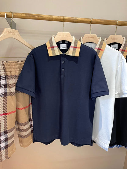 Burberry Check Collar Cotton Polo Shirt "Smoked Navy"