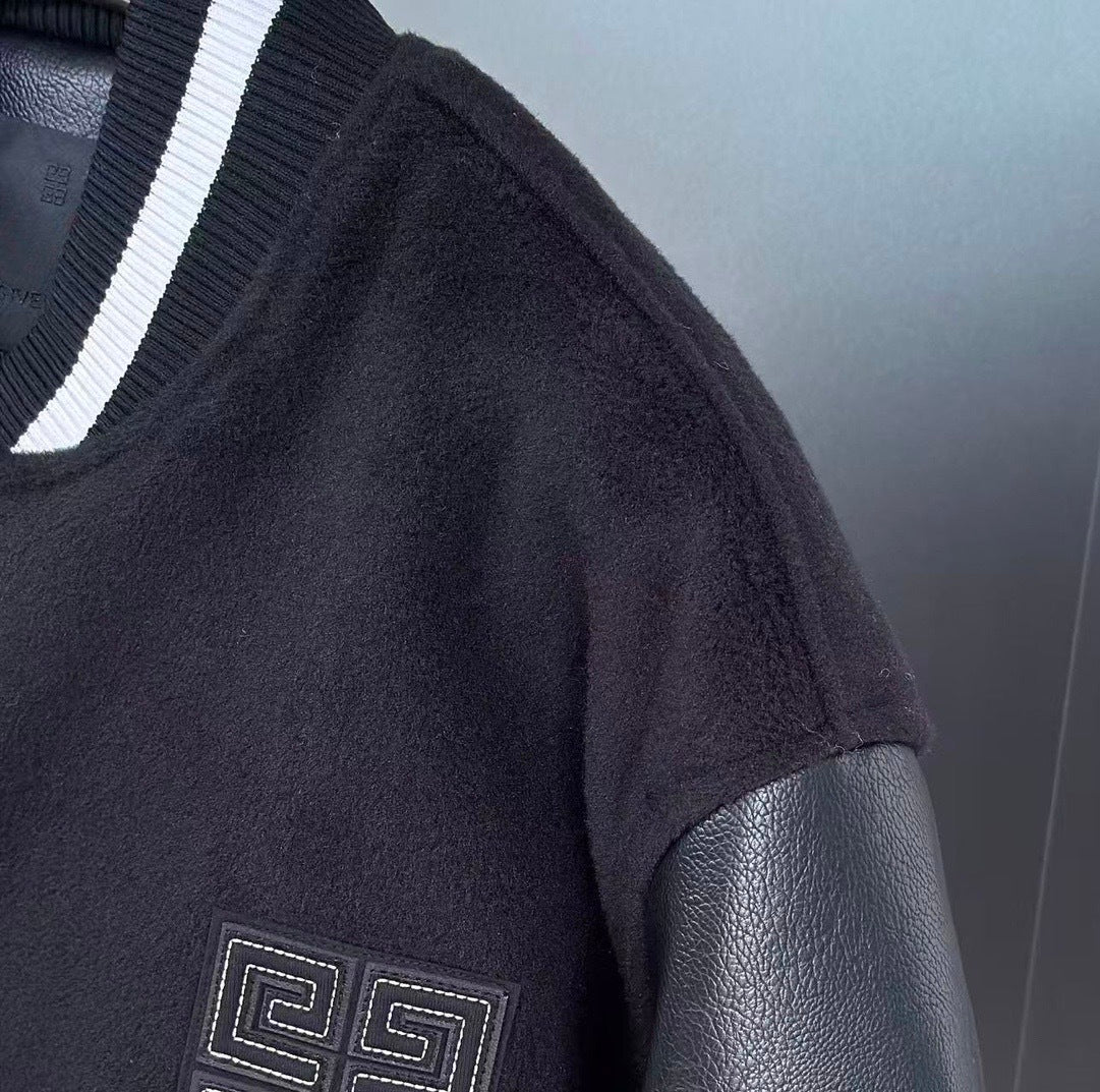 Givenchy 4G Motif Brushed Wool Blend and Leather Varsity Jacket "Black"