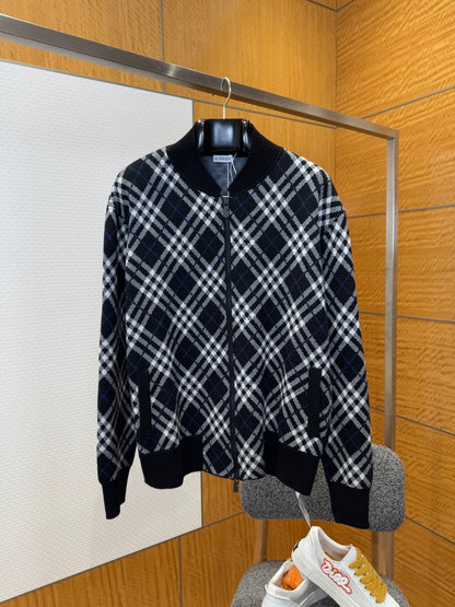 Burberry Check Cotton Wool Bomber Jacket "Ink Blue"