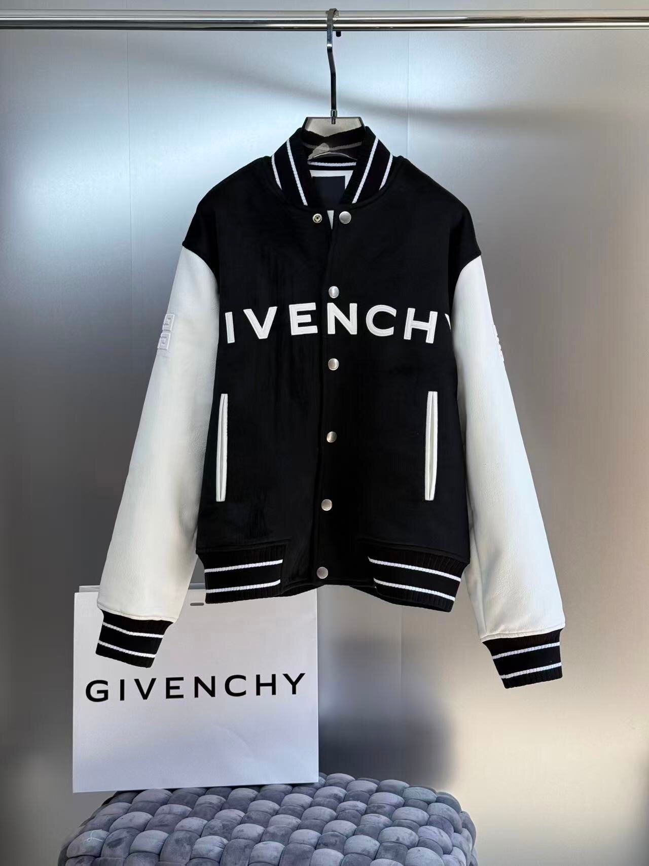 Givenchy Wool Blend and Leather Bomber Jacket "Black-White"