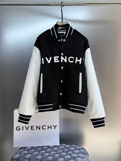 Givenchy Wool Blend and Leather Bomber Jacket "Black-White"