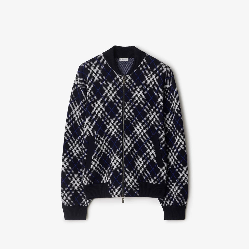 Burberry Check Cotton Wool Bomber Jacket "Ink Blue"