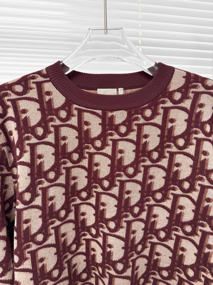 Dior Oblique Sweater "Burgundy Cotton-Wool-Silk-Blend Jacquard"