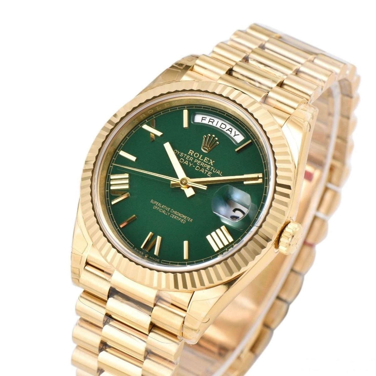 Rolex Day Date 40mm Yellow Gold President Bracelet Green Roman Dial