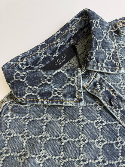 Gucci GG Cotton Denim Jacquard Short-Sleeve Shirt