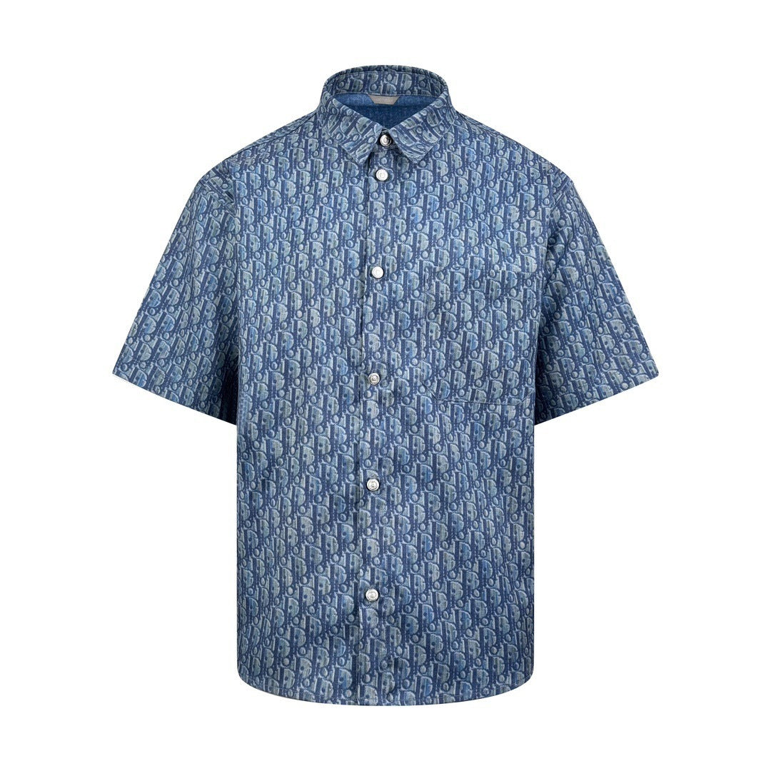 Dior Short Sleeve Shirt Oblique "Blue Cotton-Blend Twill Fabric with Oblique Print"