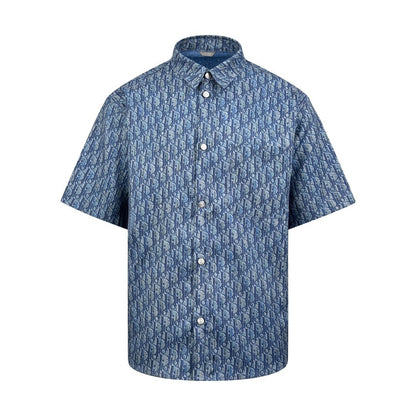 Dior Short Sleeve Shirt Oblique "Blue Cotton-Blend Twill Fabric with Oblique Print"