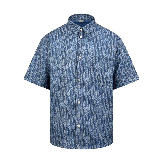 Dior Short Sleeve Shirt Oblique "Blue Cotton-Blend Twill Fabric with Oblique Print"