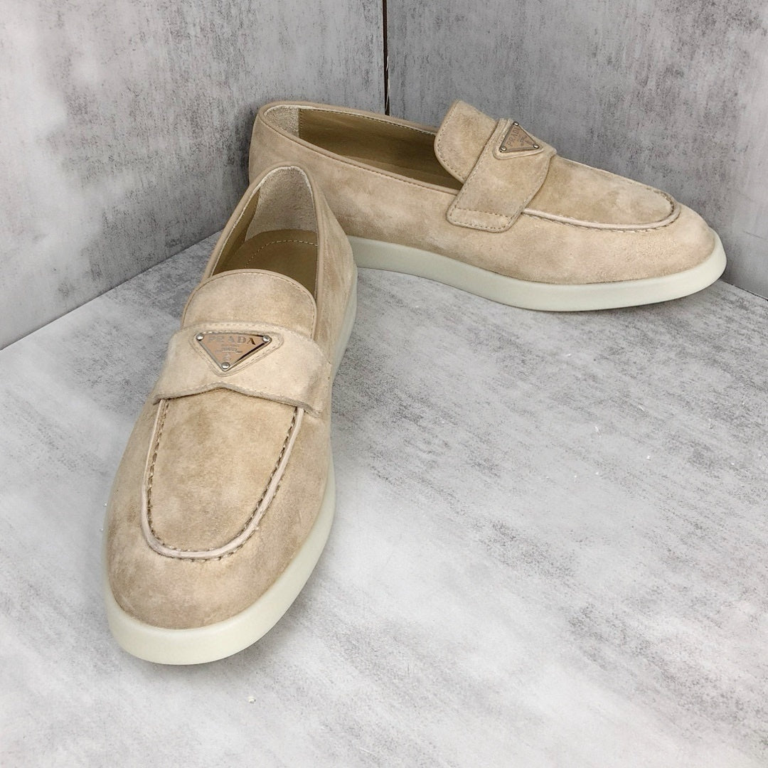 Prada Logo-Plaque Suede Loafers "Beige"