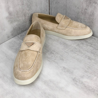 Prada Logo-Plaque Suede Loafers "Beige"