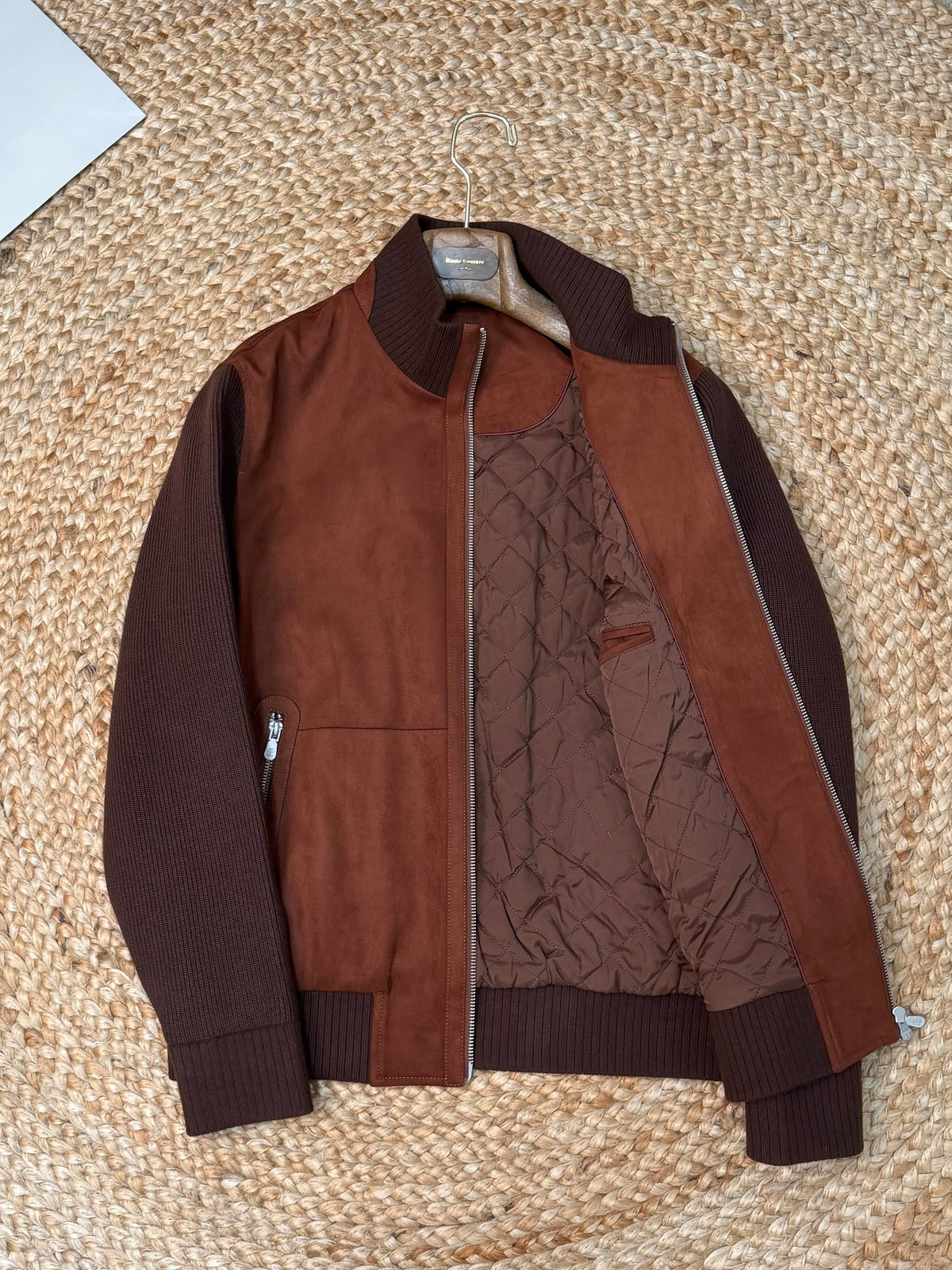 Brunello Cucinelli Suede and Wool Knit Bomber Jacket "Cognac"