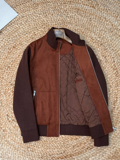 Brunello Cucinelli Suede and Wool Knit Bomber Jacket "Cognac"
