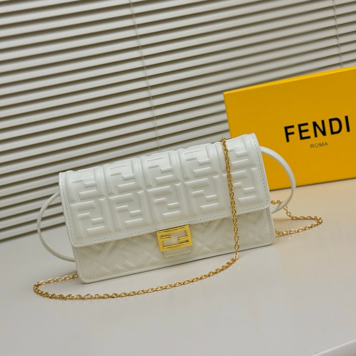 Fendi Tube Wallet On Chain "White Nappa Leather Wallet with FF Motif"