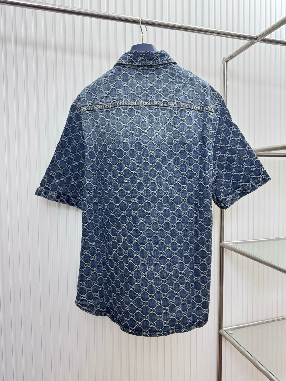 Gucci GG Cotton Denim Jacquard Short-Sleeve Shirt