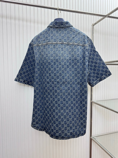 Gucci GG Cotton Denim Jacquard Short-Sleeve Shirt