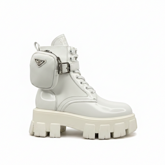 Prada Monolith Patent Leather Boots "White"