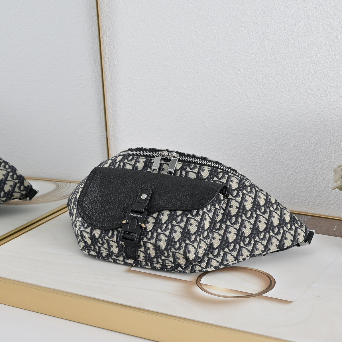 Dior Saddle Belt Bag "Dior Oblique Jacquard in Beige and Black and Grained Calfskin in Black"