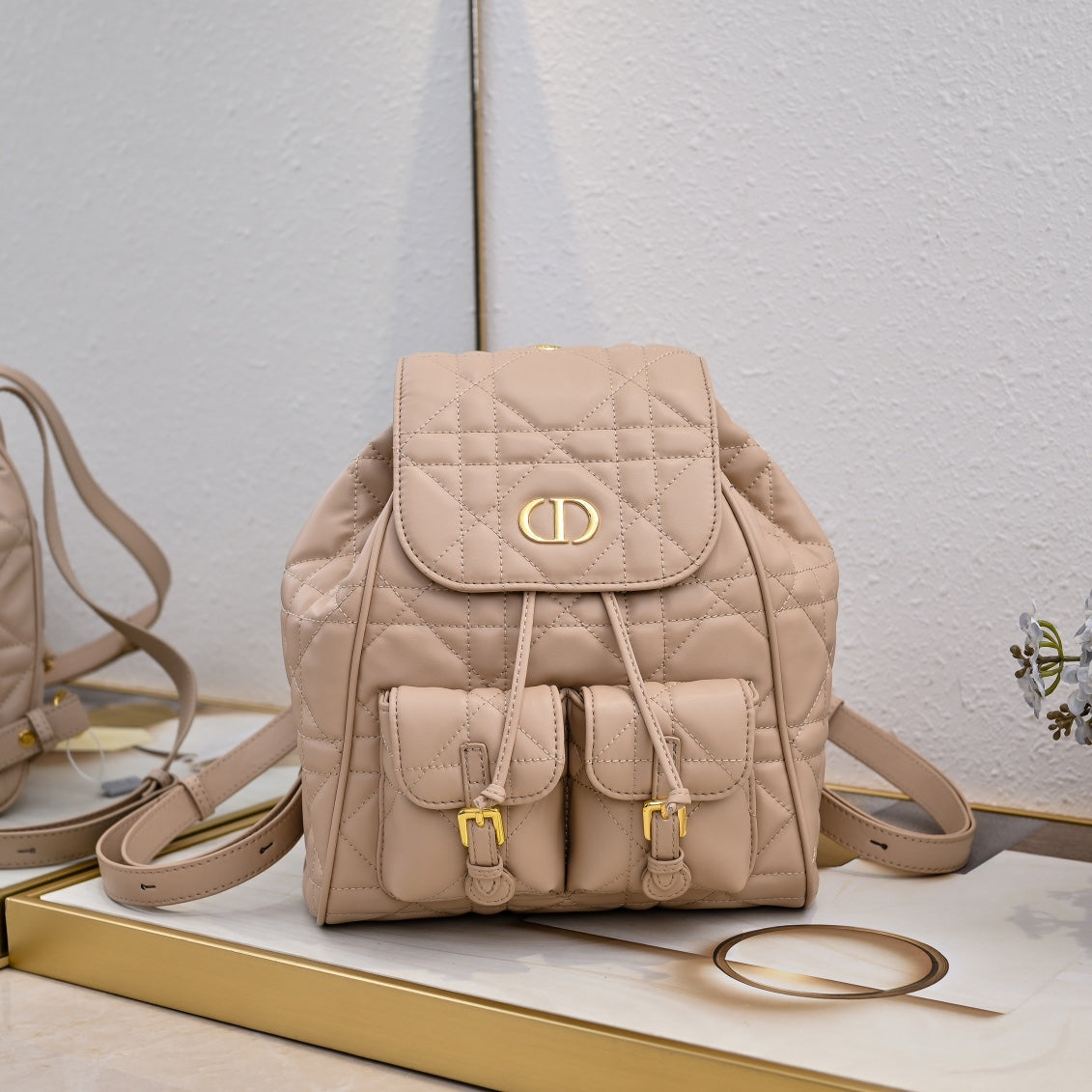 Dior Medium Dior Caro Backpack "Powder Beige Macrocannage Lambskin"