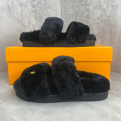 Louis Vuitton Sunset Comfort Nude Shearling Flat Mules "Black"