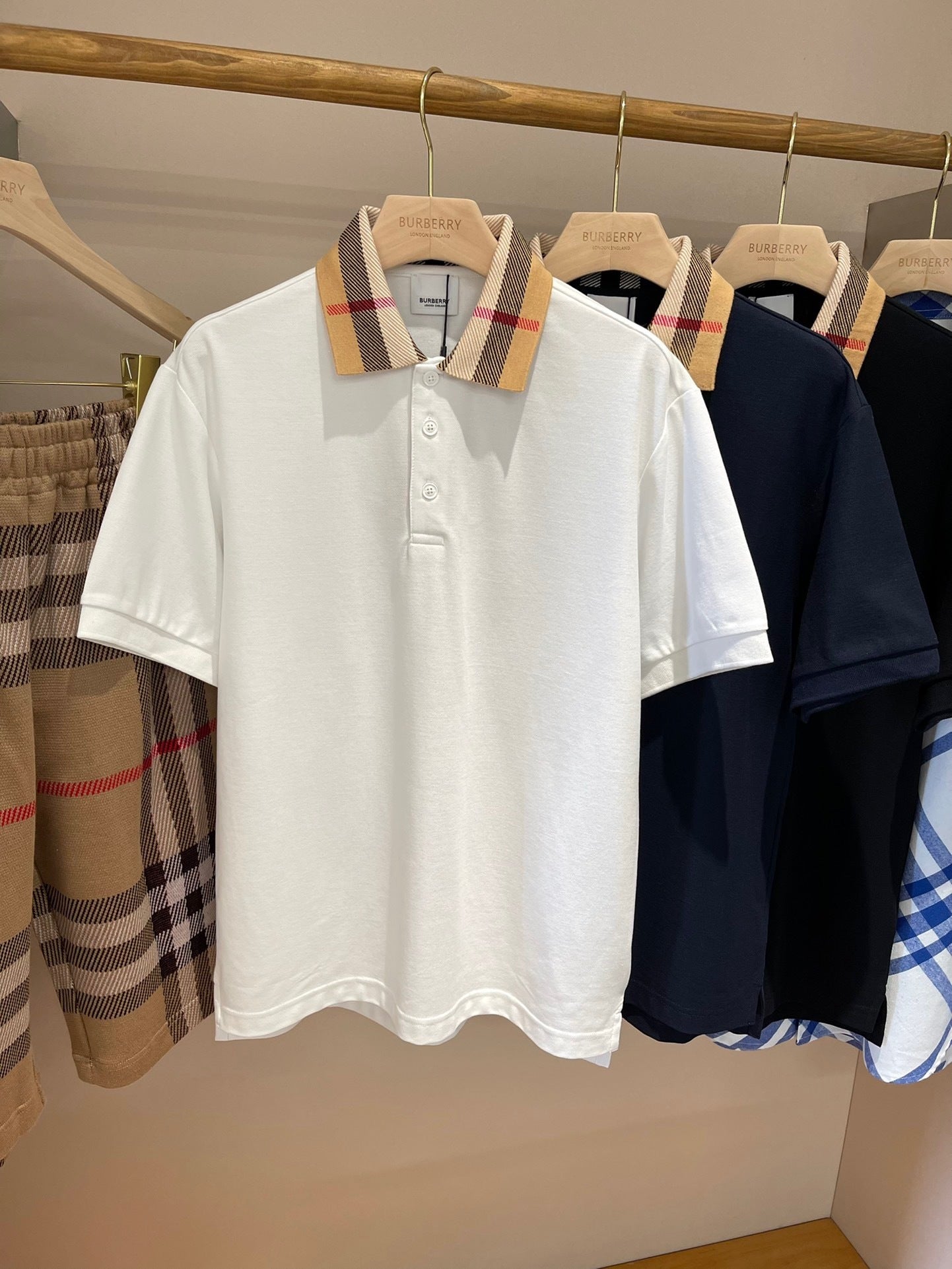 Burberry Check Collar Cotton Polo Shirt "White"