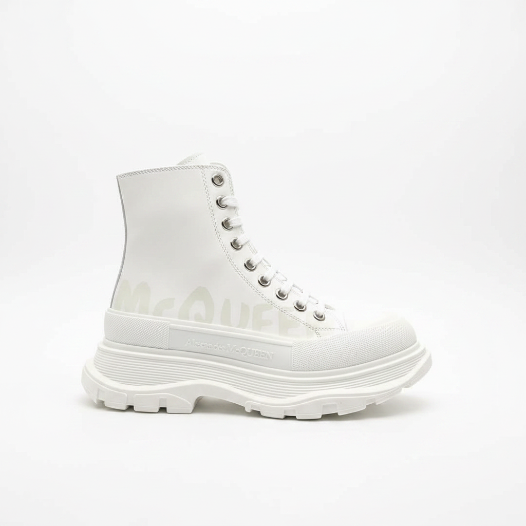 Alexander Mcqueen Tread Slick Leather Boot "Graffiti White-Silver"