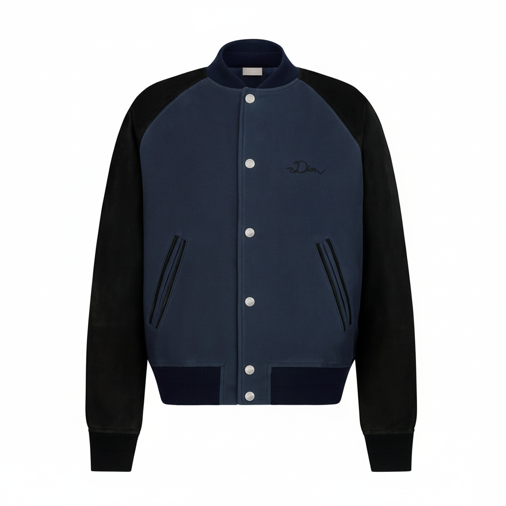 Dior Ribbon Varsity Jacket "Blue Lambskin Suede and Cotton"