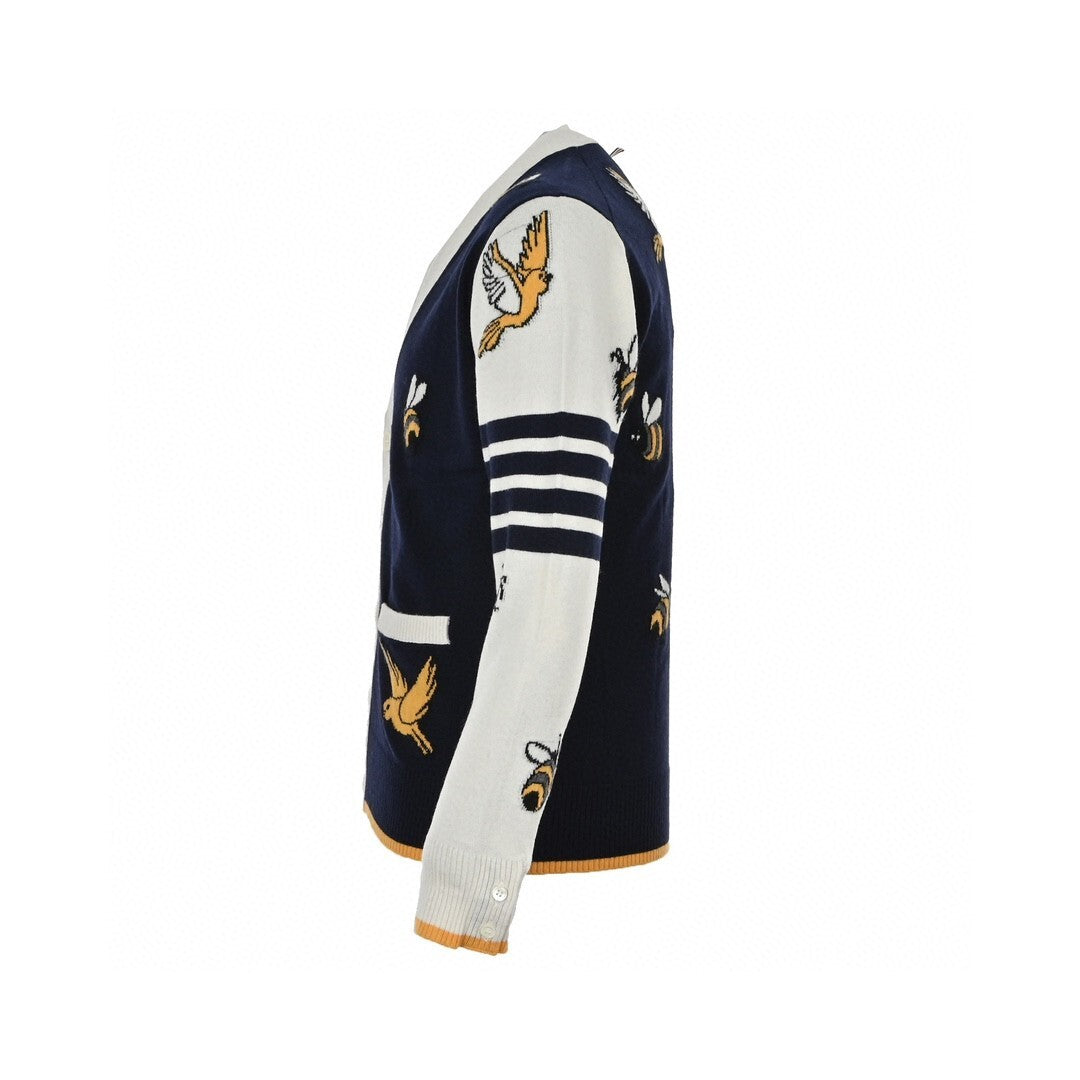 Thom Browne 4-Bar Bees and Birds Cardigan "Navy Blue/White"