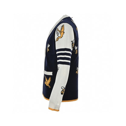 Thom Browne 4-Bar Bees and Birds Cardigan "Navy Blue/White"