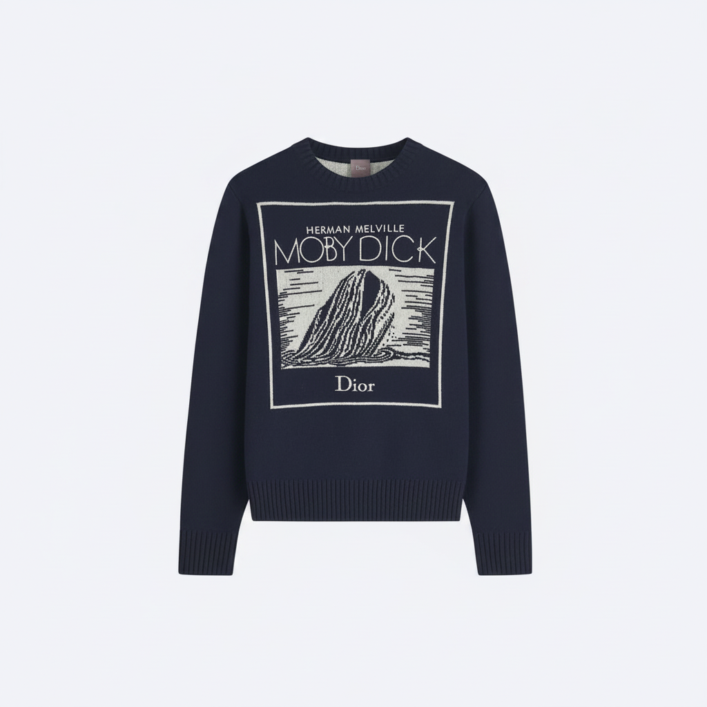 Dior Sweater with Book Cover Embroidery and Intarsia "Navy Blue Wool-Cotton-Alpaca-Blend Intarsia"