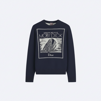 Dior Sweater with Book Cover Embroidery and Intarsia "Navy Blue Wool-Cotton-Alpaca-Blend Intarsia"