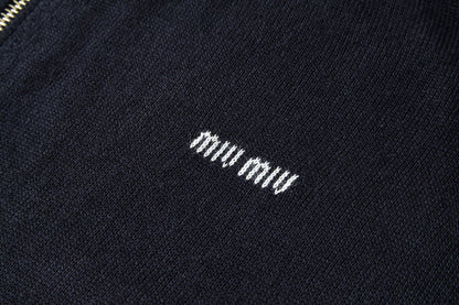 Miu Miu Cashmere and Leather Zip-up Sweater "Navy"
