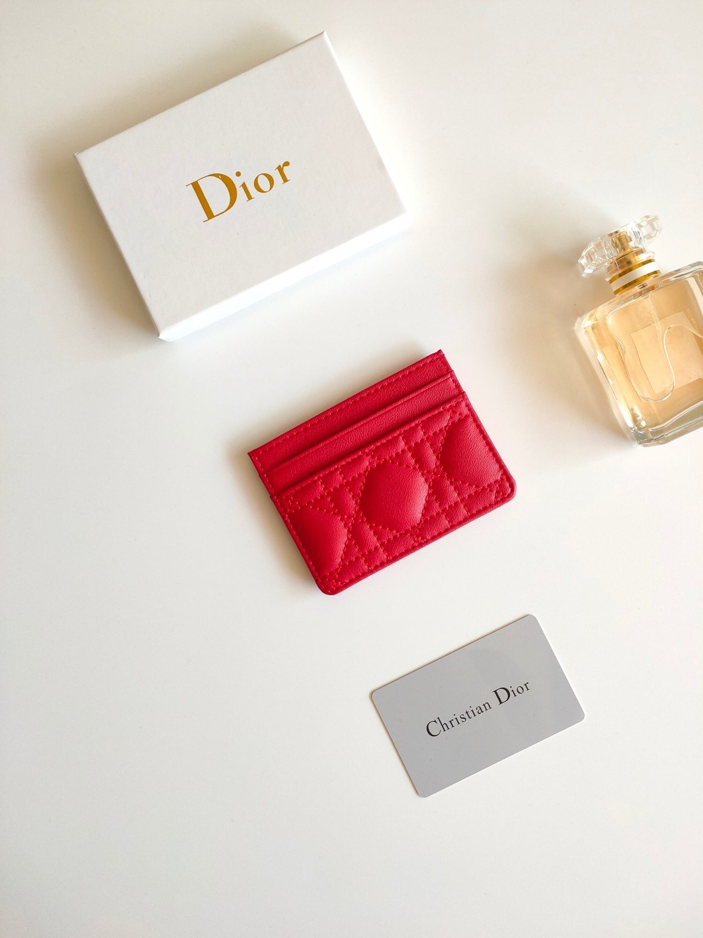 Dior Caro Freesia Card Holder "Red Supple Cannage Calfskin"