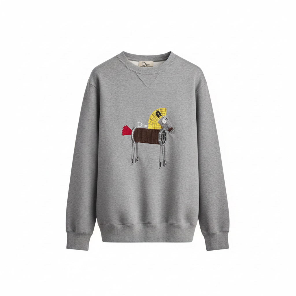 Dior Sweatshirt with Horse Embroidery and Print "Gray Cotton Fleece"