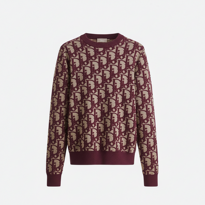 Dior Oblique Sweater "Burgundy Cotton-Wool-Silk-Blend Jacquard"