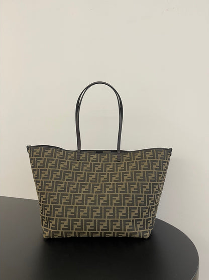 Fendi Roll Large FF Jacquard and Striped Pequin Fabric Shopper