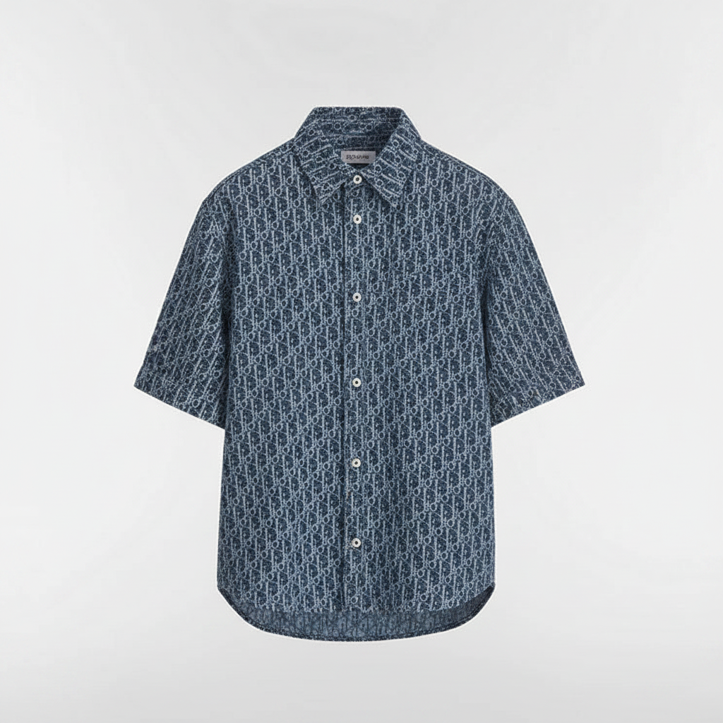 Dior Oblique Short-Sleeved Shirt "Blue Spongy Cotton-Blend Twill"
