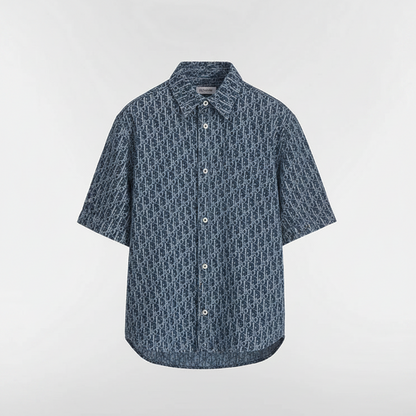 Dior Oblique Short-Sleeved Shirt "Blue Spongy Cotton-Blend Twill"
